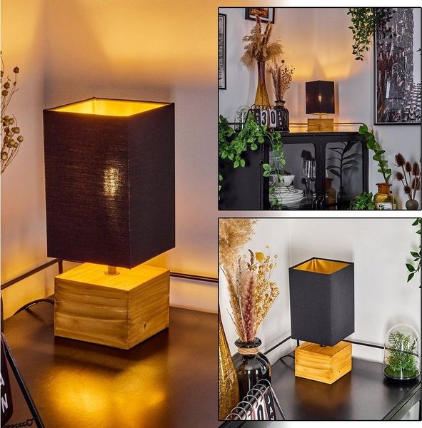 hofstein Tischleuchte »Coletta« Nachttischlampe aus Holz/Stoff in Natur/Schwarz/Goldfarben, ohne Leuchtmittel, Tischlampe, E14, Länge 12, 5cm, Leucht m. An-/Ausschalter