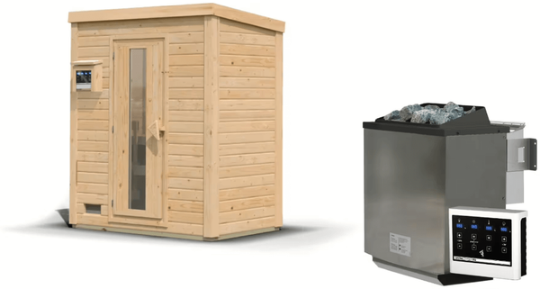 Karibu Sauna Hytti 0 naturbelassen mit 9 kW Bio-Ofen mit externer Steuerung