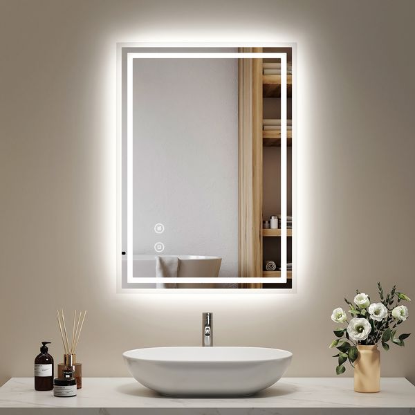 EMKE Badspiegel mit LED Beleuchtung, 70×50cm, Kaltweiß Licht, Beschlagfrei, Dimmbar, Speicherfunktion Lichtspiegel