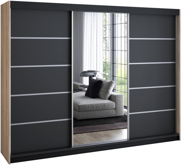 Schwebetrenschrank, 3-trig Schrank 200 cm mit 4 Schubladen, und Spiegel Kleiderschrank VILUNO 3. Farbe: Sonoma, schwarz