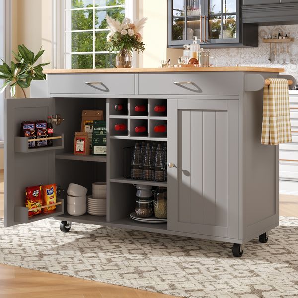 Kücheninsel Grau mit klappbarem Arbeitsbereich, multifunktionaler Esszimmerwagen, MDF-Tischplatte mit Holzmaserung, Zinkgriff,Weinregal und 360°Lenkrollen