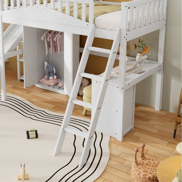 STILVORA Kinderbett 90x200 mit Matratze,Kinderbett Begestell mit Kleiderschrank&Rutsche (Etagenbett für Kinder mit Rutsche, Tisch, Kleiderschrank und Fallschutzgitter, weiß, 90x200 cm, stabil & multifunktional, für Kinderzimmer, sicheren Schlafbereich ...