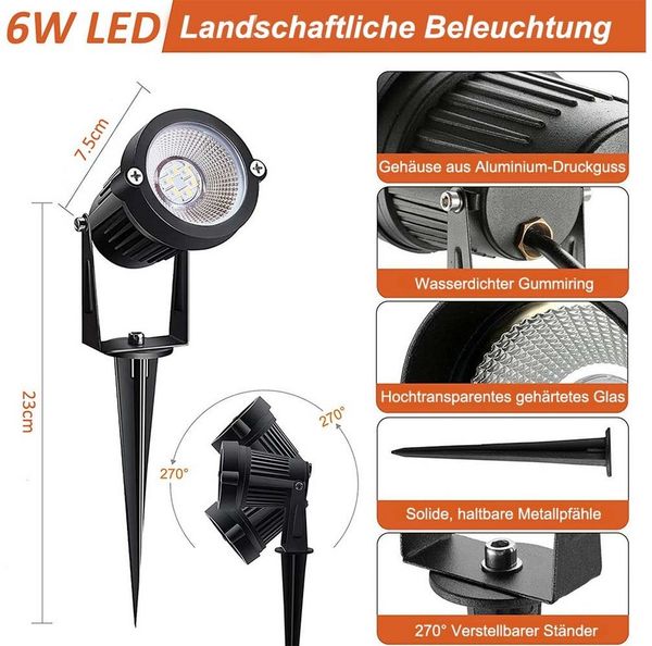 MUPOO LED Gartenstrahler Gartenbeleuchtung, 16 Farben 4 Modi RGB Gartenstrahler mit Erdspieß, 6W, RGB+Warmweiß (EU-Stecker), Gartenleuchte mit Fernbedienung, Gartenbeleuchtung mit Kabel für Garten Rasen Baum