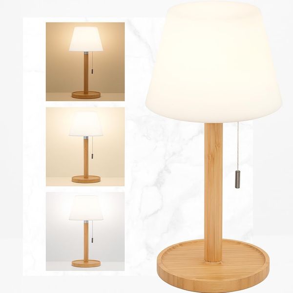 LuminexDesigns Kabellos LED Tischlampe Holz – Nachttischlampe mit Zugschalter zum Umschalten von 3 Farbtemperaturen, IP54 Wasserfest, für Wohnzimmer, Schlafzimmer, Esstisch, Outdoor