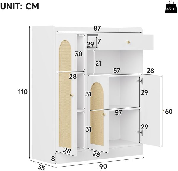 Merax Rattan Schuhschrank / Aufbewahrungsschrank mit Stauraum, 1 Schublade, 3 Türen mit verstellbaren Regalen, für Eingangsbereich, Esszimmer und Flur, Weiß + Holz Bild 4