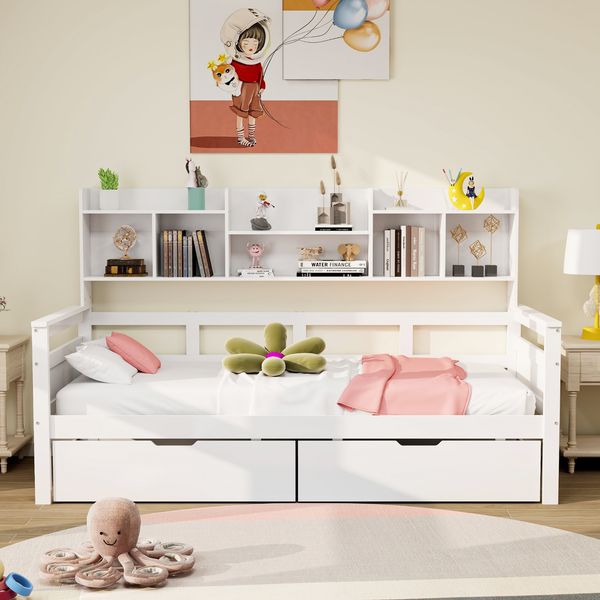 Multifunktionales Sofa Bett Weiß 90x200 Metall Konstruktion 150kg Tragkraft Schubladen Staufächer Lattenrost Tagesbett Jugendzimmer Gästezimmer Kompakt
