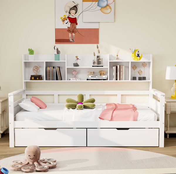 Multifunktionales Sofa Bett Weiß 90x200 Metall Konstruktion 150kg Tragkraft Schubladen Staufächer Lattenrost Tagesbett Jugendzimmer Gästezimmer Kompakt