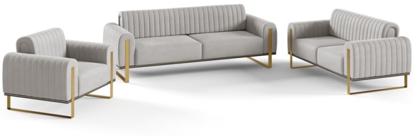 Sofaset Designersofas VALERIE 3-2-1 in Stoff Elisa Velvet Hellgrau