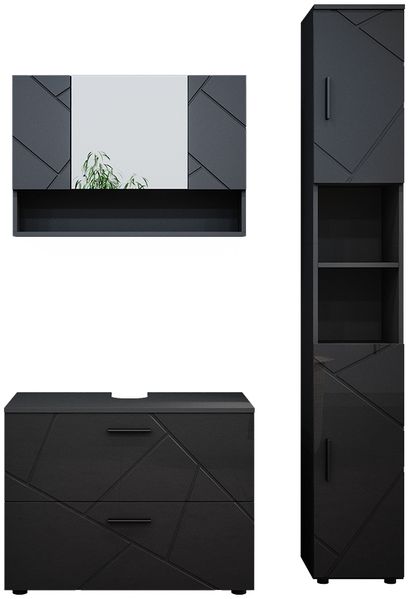 Badmöbel-Set Irma Anthrazit Hochglanz 3 Teile, mit Spiegelschrank 80 cm Vicco