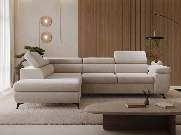 GRAINGOLD Ecksofa L-Form Argon L, Couch mit Wellenfeder, mit Schlaffunktion und Bettkasten, Velour-Stoff, Beige