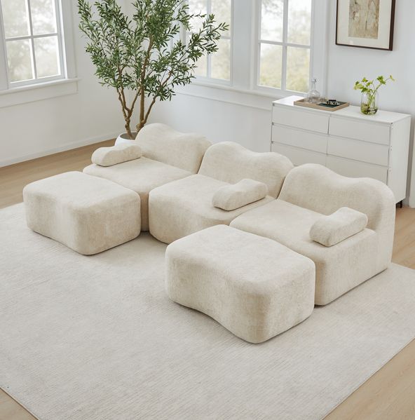 Modulares Sofa aus Samt mit Wellenform und tiefer Sitzfläche, 288x167x70 cm, Beige