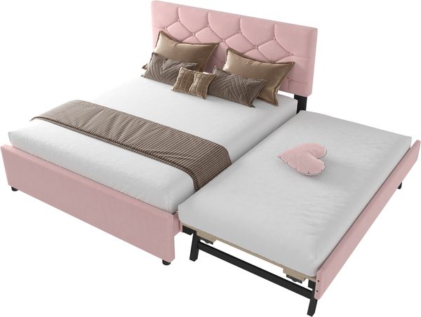 Polsterbett 140x200 cm mit ausziehbarem Rollbett, Samt, Lattenrost inklusive,rosa Bild 6
