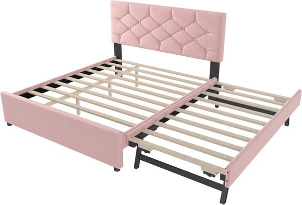 Polsterbett 140x200 cm mit ausziehbarem Rollbett, Samt, Lattenrost inklusive,rosa Bild 9