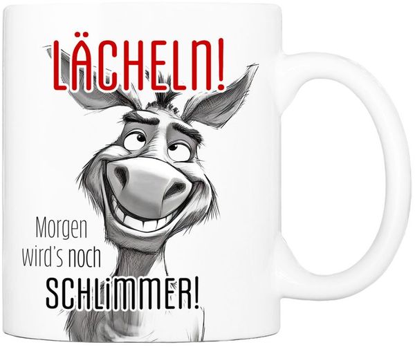 Cadouri Tasse mit Spruch 'Lächeln!' Kaffeetasse Büro Arbeit, Geschenk, Keramik, Kaffeebecher, Geschenkidee Arbeitskollege, lustig, Humor, 330 ml