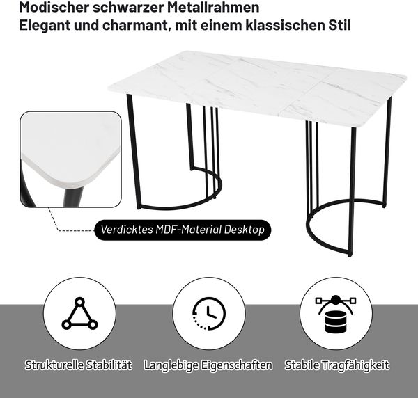 Essgruppe 5-teilig mit Esstisch 140×80 cm in Marmoroptik und 4 Samtstühlen, modernes Esszimmer-Set mit Metallgestell Bild 2