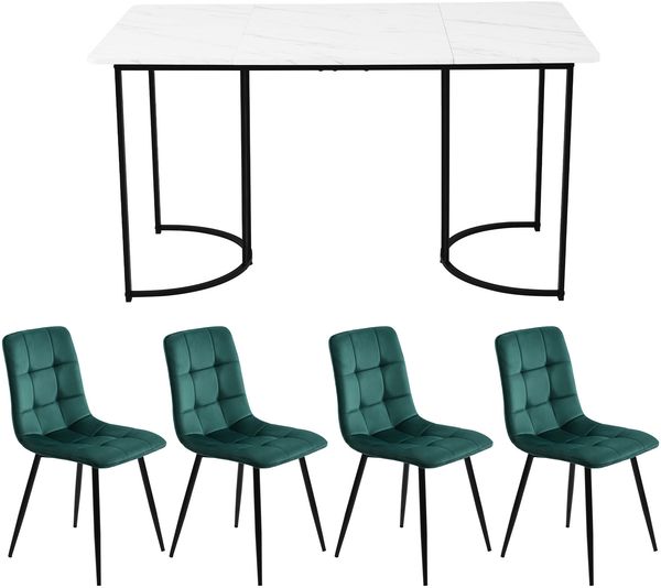 Essgruppe 5-teilig mit Esstisch 140×80 cm in Marmoroptik und 4 Samtstühlen, modernes Esszimmer-Set mit Metallgestell Bild 6