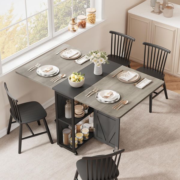 Jocoevol Esstisch Klappbar Küchentisch für 2-4 Personen, Klapptisch mit Trennwand und zweilagigem offenem Regal, Ausziehbar mit Rollen für Küche & Esszimmer, 120 x 60 x 76 cm, Eichenfarbe + Mattschwarz