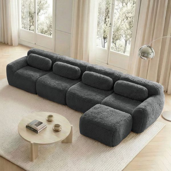 Modulares Ecksofa 73cm×378cm×179cm in L-Form, 4-Sitzer – Plüschsofa in Grau mit Ottomane, ohne Montage