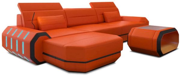 Mini Couch Roma L Form in Leder - Büffelleder - orange-schwarz - Links