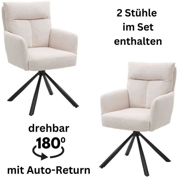 SOFIA Esszimmerstühle 2er Set mit schwarzem Metallgestell und Cord Bezug, Beige - Bequeme Stühle für Esszimmer & Wohnzimmer - 60 x 93 x 67 cm (B/H/T)