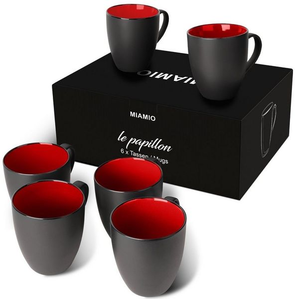 MiaMio Tasse MIAMIO - 6 x 350 ml Kaffeetassen Set Außen Schwarz Innen Farbig