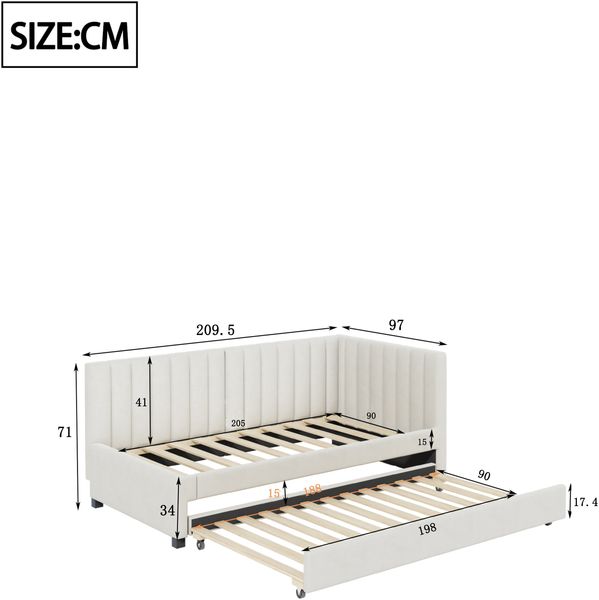 Schlafsofa, Samt mit Ausziehbett & Lattenrost, 90x200 cm, beige, ohne Matratze Bild 6