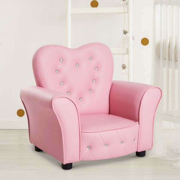 Sofa Kindersessel, Sitzfläche 59x41,5x49 cm, Pink, PVC-Bezug mit Kristallknöpfen, Vollholzrahmen