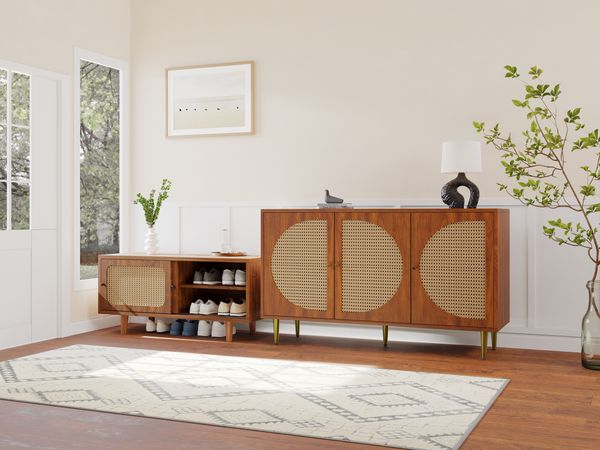 Sideboard-Set 2-teilig (Rattan-Kommode & Schuhschrank) – Walnuss, Rattan/Spanplatte