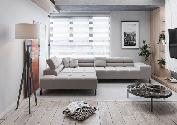 INOSIGN Ecksofa Ancona New, wahlweise motorische Sitztiefenverstellung, auch Cord, feine Steppung, mit Kopfteilverstellung, 3 Zierkissen, L-Form
