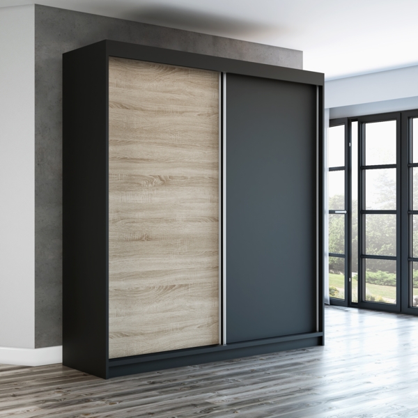 Schwebetrenschrank STIL 2-trig Schrank 180 cm (mit Spiegel) Farbe: Schwarz, sonoma