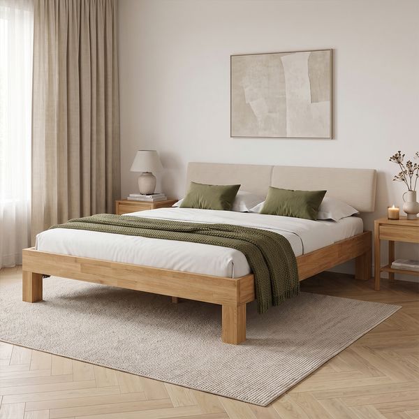 skølm 'Floki' Bett 180x200 cm mit Kopfteil Cord, beige, Bettgestell, natur geölt, Massivholzbett aus Eiche, Doppelbett mit Bettkopf