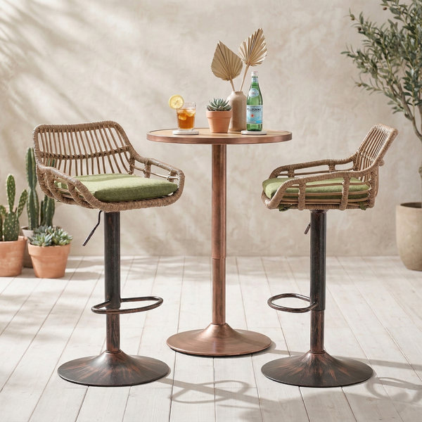 LVHOM Rattan Barhocker 360° drehbar, 2er Set, Höhenverstellbarer Tresenhocker mit Kissen, Boho Barstuhl für Küche, Terrasse, Garten
