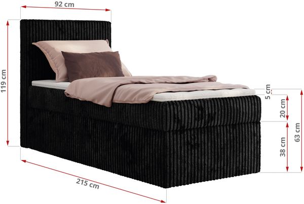 Boxspringbett TILIANO 90x200 Cord inkl. Bettkasten, Einzelbett 7-Zonen Multipocket-Matratze & Topper, Modernes Design mit hohem Kopfteil - Schwarz Cordstoff - H3 - Topper Visco Bild 4