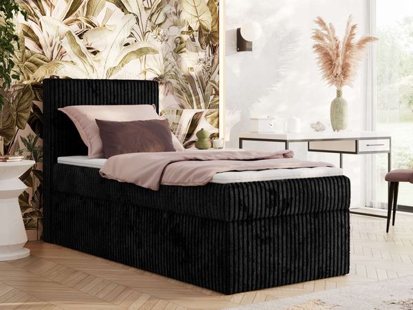 Boxspringbett TILIANO 90x200 Cord inkl. Bettkasten, Einzelbett 7-Zonen Multipocket-Matratze & Topper, Modernes Design mit hohem Kopfteil - Schwarz Cordstoff - H3 - Topper Visco