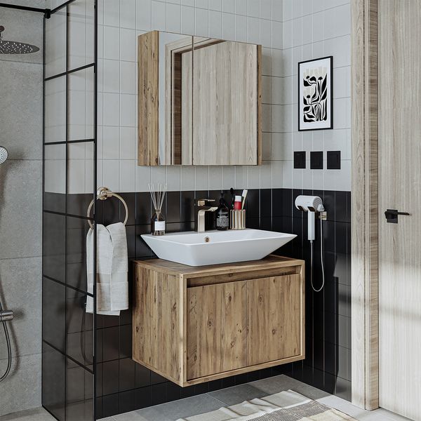 Roomart ATLANTIC-65 Badmöbel Set– 3-teiliges Badezimmermöbel Set - Unterschrank, Waschbecken & Spiegelschrank - H 45 x B 45 x T 65 cm • Eiche