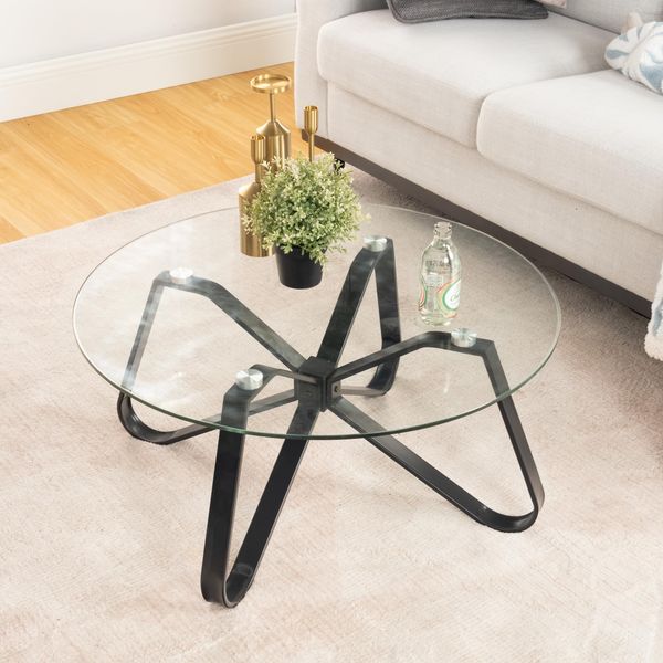 FurnitureR Sofa-Aufsätze für Wohnzimmer, Beistelltisch, rund, minimalistisch, mit Platte aus Hartglas, künstlerische Basis in Schmetterlingsform, für Haus, Wohnzimmer, Terrasse, Garten, 80 x 80 x 40
