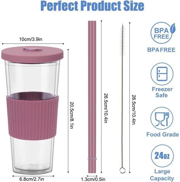 Bubble Tea Becher 24oz mit Strohhalm und Deckel, 2er Set Doppelwandig Isoliert Bild 3