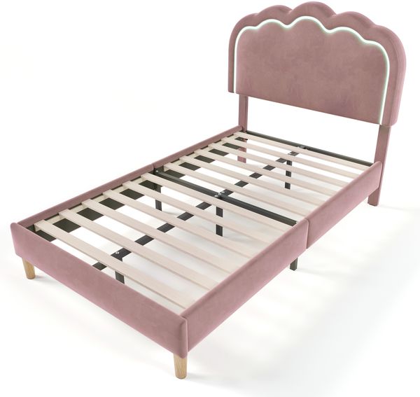 Polsterbett 90x200 cm mit LED mit verstellbarem Kopfteil und LED Beleuchtung, Bettgestell mit Musikmodus,Rosa Bild 7