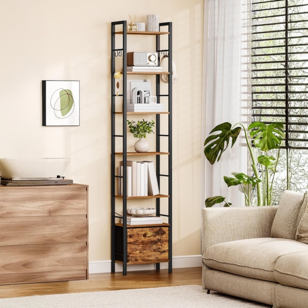 Bücherregal, 7 vertikale Regale mit 1 Zusammenklappbare Stoffschubladenund 4 Haken, offene Regale, Metallrahmen, geeignet für Arbeitszimmer, Wohnzimmer Vintagebraun-Schwarz