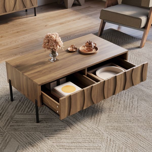 Couchtisch 105x55x41 cm im Retro-Stil mit 2 Schubladen, natur