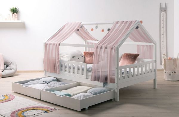 Ticaa Hausbett Kim mit Rausfallschutz und Schubkasten aus Kiefer, Kinderbett 140x200, inkl. Tüll-Set, mit Rollrost