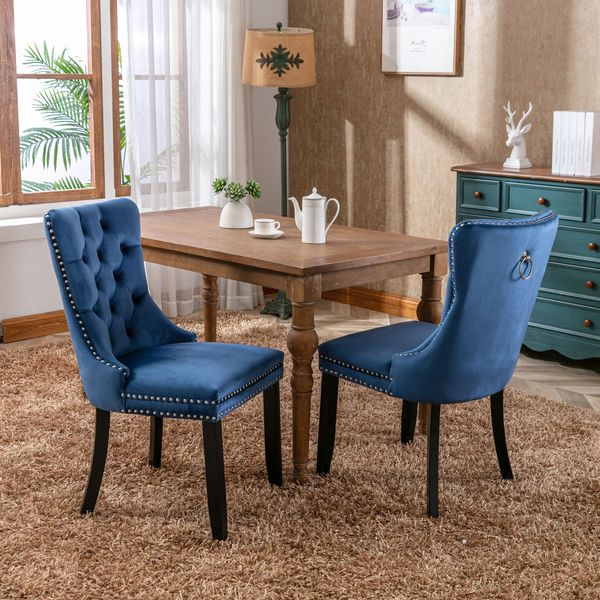Esszimmerstuhl Set 2er, Massivholz, hoher Komfort mit Federkern & Nieten-Design, elegante Polsterstühle,Blau