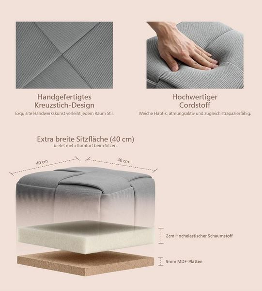 Zedelmaier Sitzhocker Würfel Cord, Sitzcube Ottoman, Fußhocker aus Cordstoff