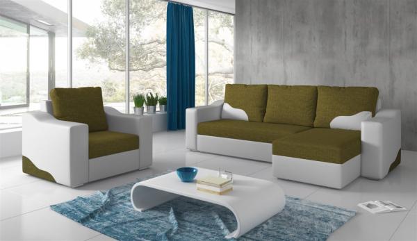 Ecksofa Set COLLIN Ottomane Rechts + Sessel Weiss / Olivgrün