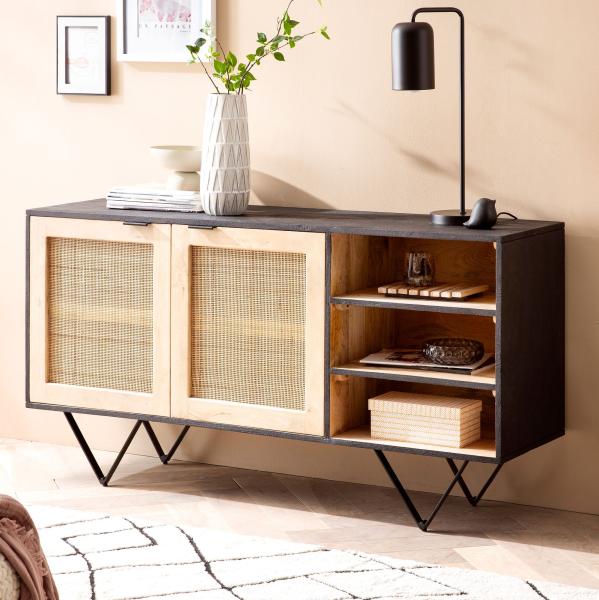 FineBuy Sideboard 145x75x40 cm Mango Massivholz / Rattan Kommode mit 2 Türen, Hoher Kommodenschrank Schwarz / Braun, Standschrank Wohnzimmer mit Regal, Anrichte Rohrgeflecht Schwarz