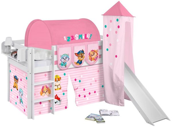 Lilokids Kinderbett Hochbett JELLE mit Vorhang & Turm PAW PATROL ROSA 190x90cm