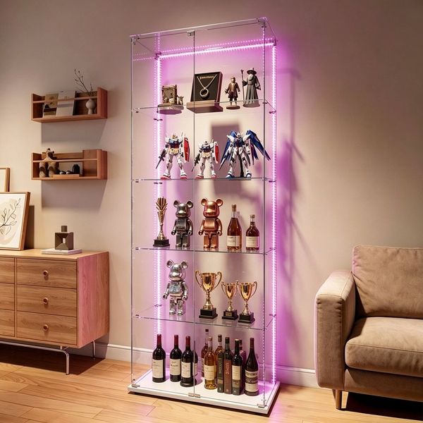 Simurq Glasvitrine Standvitrinen mit LED-Beleuchtung, Modern Glas Vitrinenschrank (1-St,Glas Vitrine mit 2 Glastür und 5 Lagen,Standvitrine mit Schloss) Modern Glasvitrinen,Sammelvitrine aus Glas