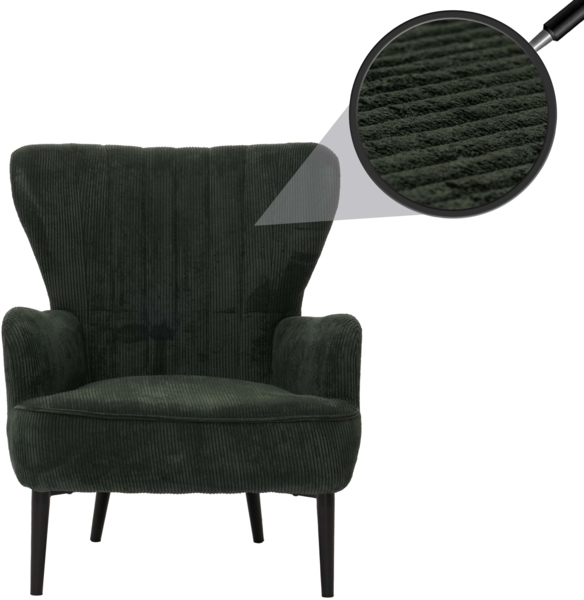 Lounge-Sessel HWC-K37, Cocktail-/Ohrensessel Polsterstuhl Retro Vintage Stoff Cord (290g/m²) Öko-Tex ~ dunkelgrün