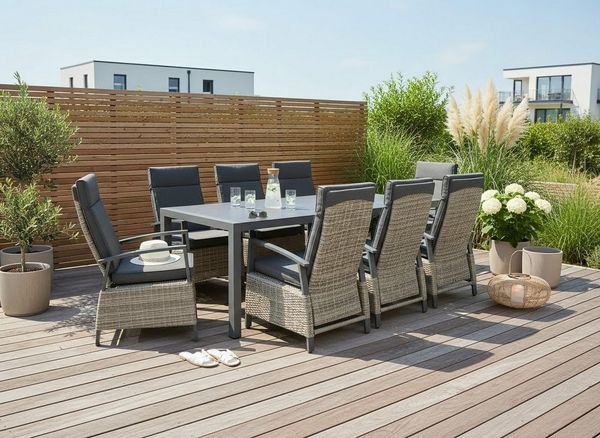 KONIFERA Garten-Essgruppe Menton, (Set, 17-tlg, 8x Sessel, 8x Auflagen, 1x Tisch), bestehend aus 8 Stühlen, 8 Sitzauflagen und 1 Tisch