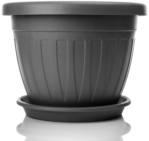 BigDean Blumentopf mit Untersetzer rund Anthrazit - wetterfester Pflanzkübel (Set, 1 St, Blumentopf + Untersetzer), Mediterane Optik, Vielseitig, Hochwertig